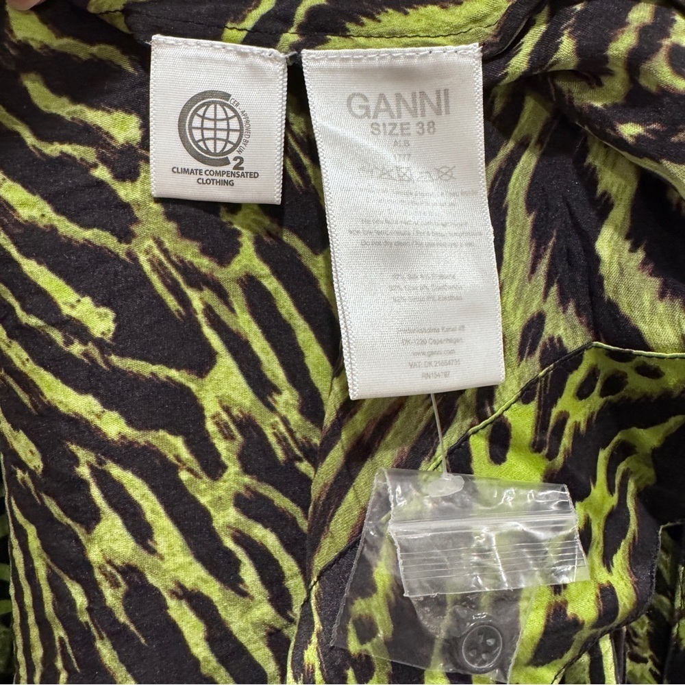 GANNI Stretch Silk Satin Tiger Stripe Wrap Dress Scandi Eclectic Blck Grn 38/6/M - Picture 11 of 15